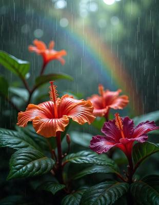 The primary subject of the image is a close-up of two flowers, one pink and one orange, sitting in the rain. The setting is a rainy day, and the visual style is a photo. The colors and mood of the image are dominated by the vibrant colors of the flowers and the rainy atmosphere.